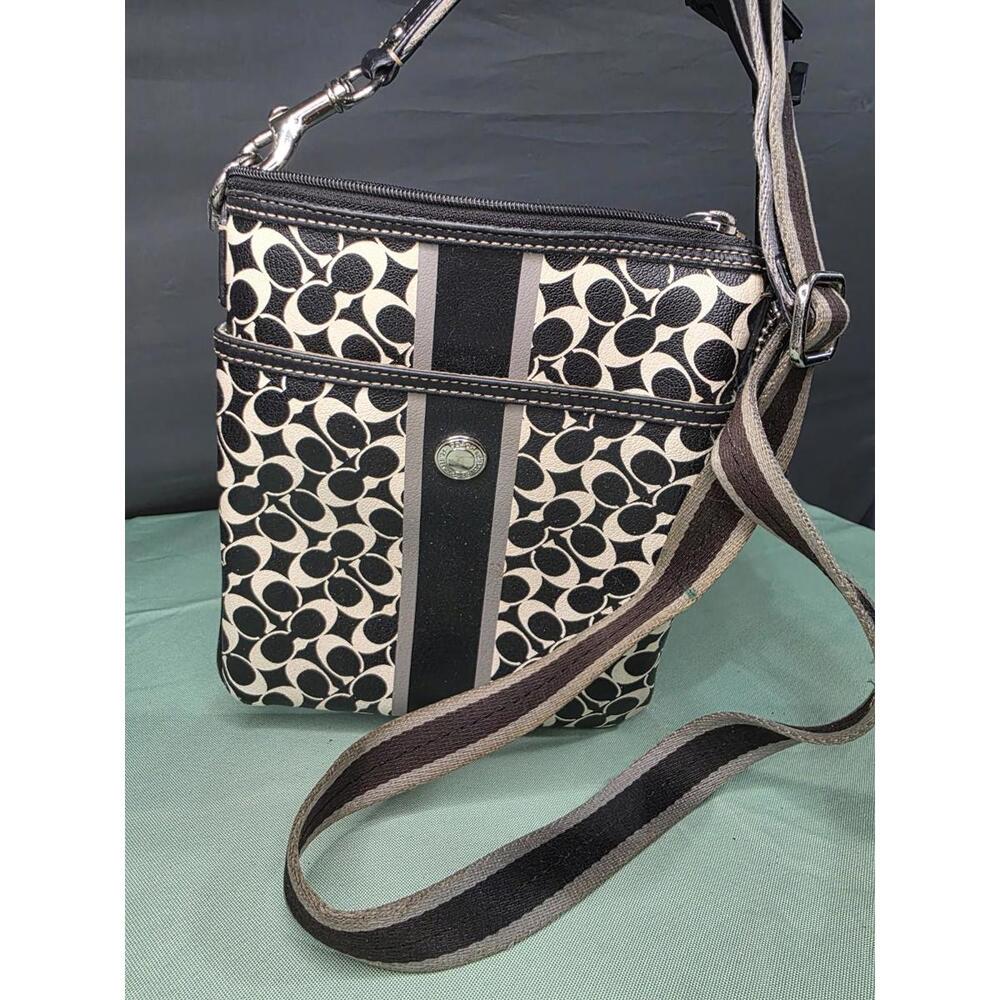 Coach Signature Stripe Crossbody Bag Black White Small Adjustable Strap